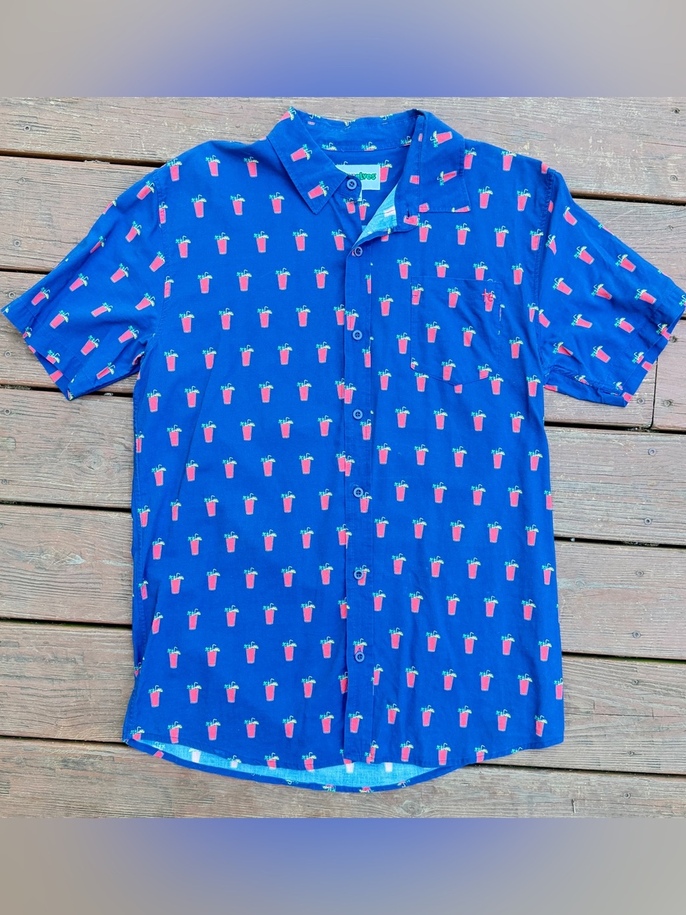 Tipsyelves Men’s XL Navy Cocktail Print Button Up Shirt Tropical Rayon Blend